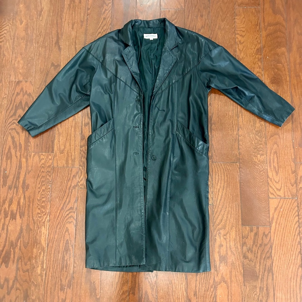 80s 90s Vintage Black Leather Trench Coat Duster Long Jacket Oversized